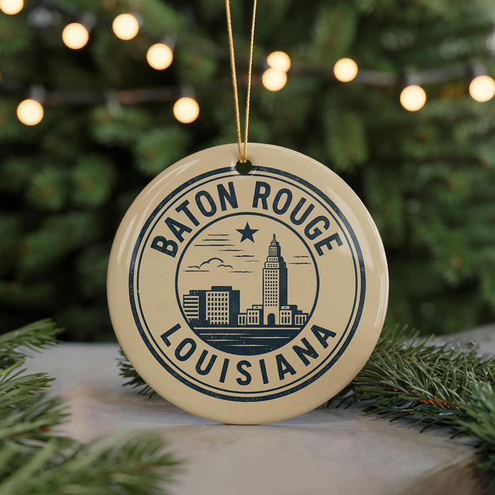 A circular ornament with the text "BATON ROUGE LOUISIANA" and a graphic of a city skyline.