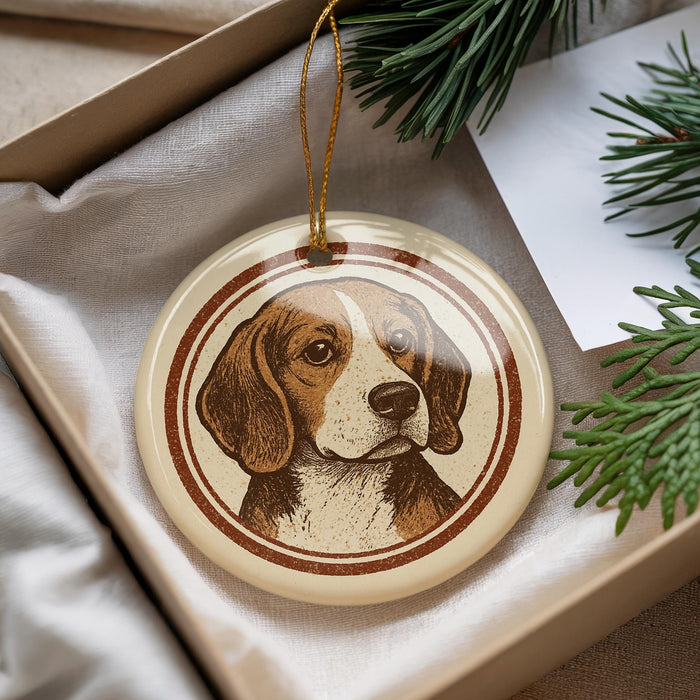 A round ornament featuring a beagle dog is displayed in a box, surrounded by pine branches.