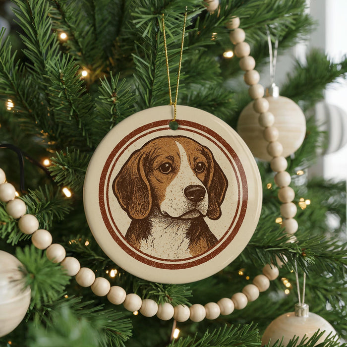A Christmas tree decorated with ornaments, including a circular ornament featuring a beagle dog's face.