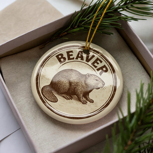 A circular ornament with the word "BEAVER" printed on it, featuring a beaver illustration. The ornament is placed inside a box, surrounded by pine branches.