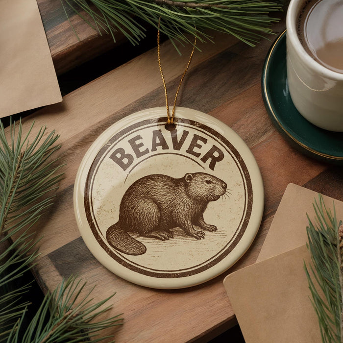 A circular ornament featuring a beaver illustration is displayed on a wooden surface, surrounded by pine branches and a cup of coffee.