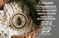 Ceramic ornaments, featuring a black and white illustration of a beetle, are displayed in a woven basket.