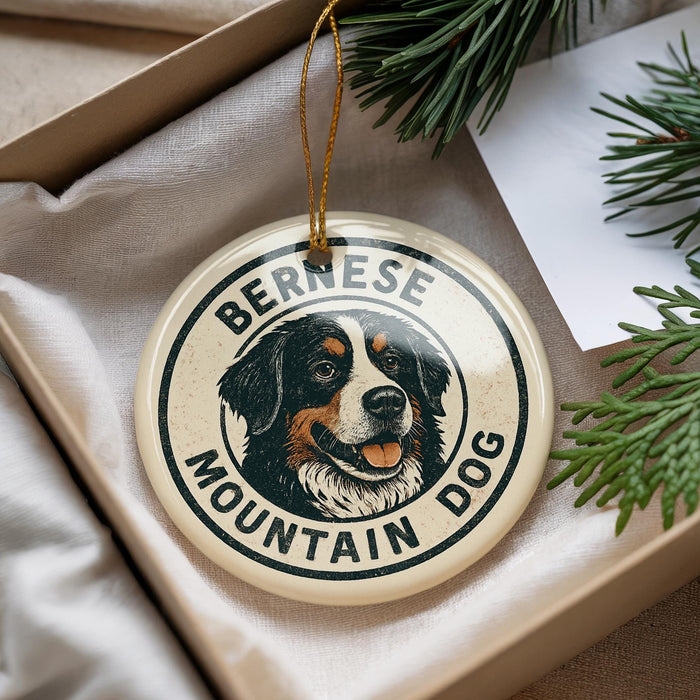 A Bernese Mountain Dog ornament is displayed in a box, surrounded by pine branches.