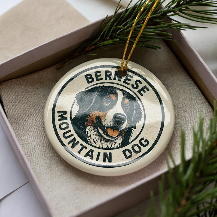 A decorative ornament featuring a Bernese Mountain Dog, with the text "BERNESE MOUNTAIN DOG" printed on it.