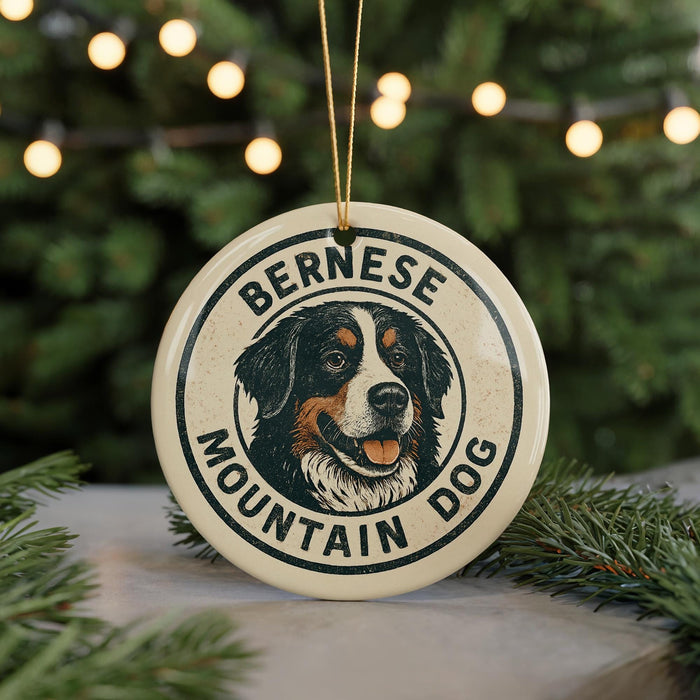 A round ornament featuring a Bernese Mountain Dog with the text "BERNESE MOUNTAIN DOG" on it, hanging from a string.