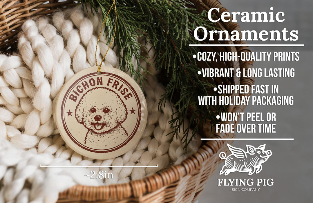 a ceramic ornament in a basket, with a small dog illustration on it. The ornament is described as a "Ceramic Ornaments" and is made of "High-quality Prints". The ornament is described as "COZY, HIGH-QUALITY Prints" and "Vibrant & Long Lasting". It is also noted that the ornament is "Shipped Fast in with Holiday Packaging" and " Won't Peel or Fade Over Time". The image is described as a "2.8in" size.