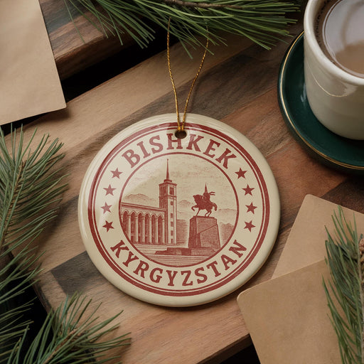 A circular ornament with the text "BISKHEK Kyrgyzstan" and an illustration of a building and a horse, hanging on a wooden surface.