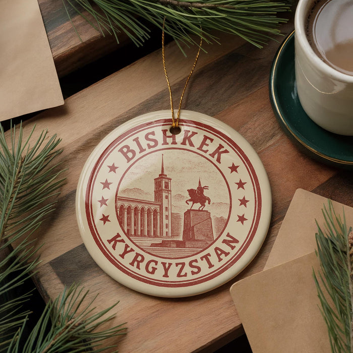 A circular ornament with the text "BISKHEK Kyrgyzstan" and an illustration of a building and a horse, hanging on a wooden surface.