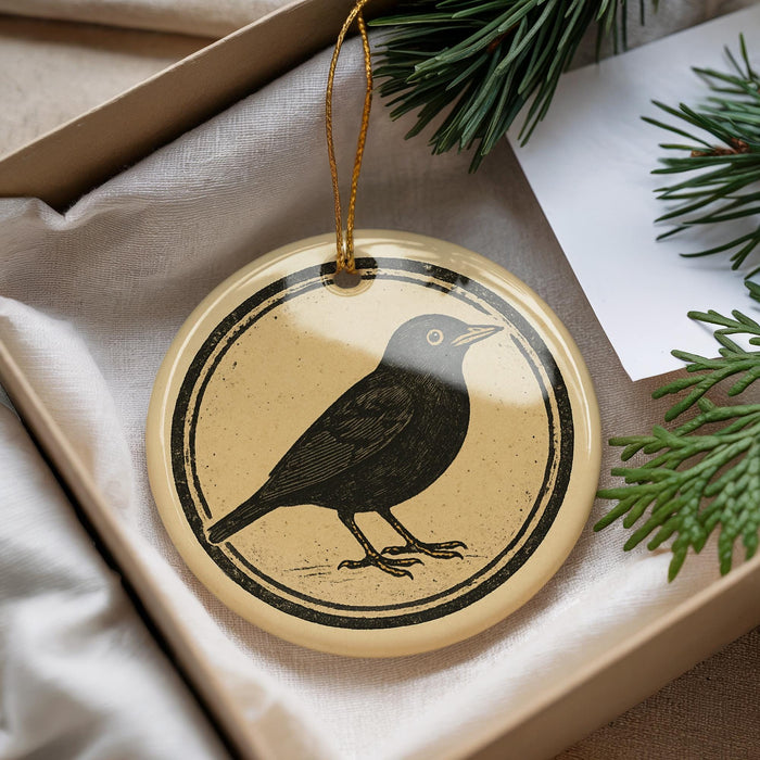 A decorative ornament featuring a black bird is displayed in a box, surrounded by pine branches and greenery.