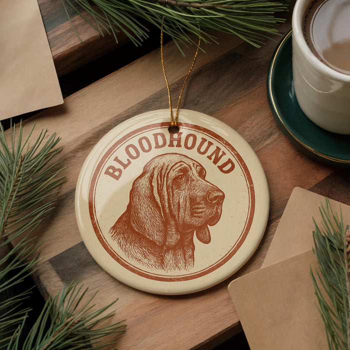 A circular ornament featuring a bloodhound dog's head, with the word "BLOODHOUND" written around the edge. The ornament is placed on a wooden surface, surrounded by pine branches and a cup of coffee.