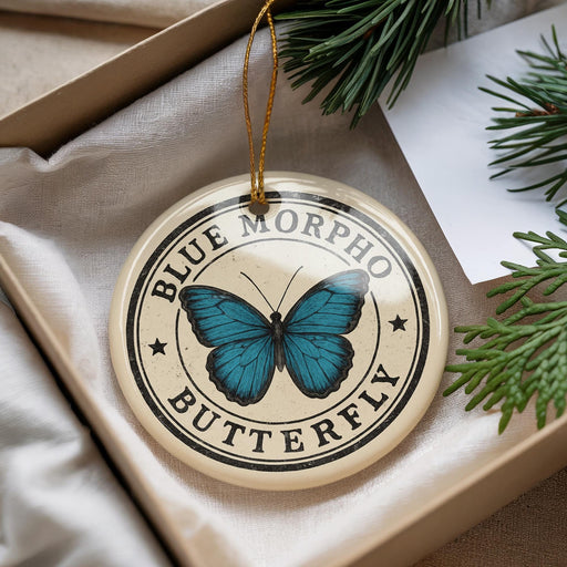 A decorative ornament featuring a blue butterfly, with the text "BLUE MORPHO BUTTERFLY" printed on it, is displayed in a box with pine branches.
