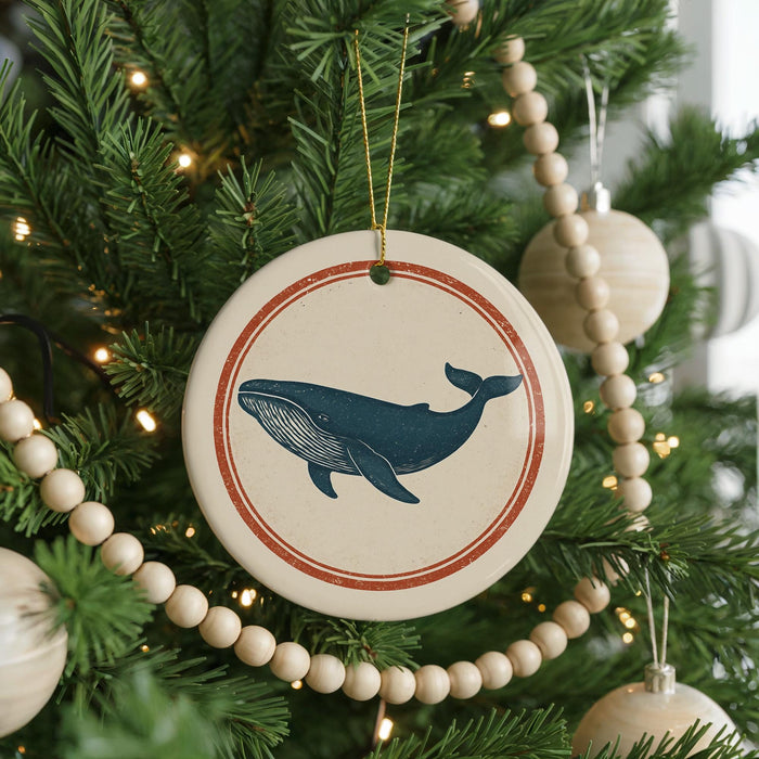 A Christmas tree decorated with ornaments, including a circular ornament featuring a blue whale design.
