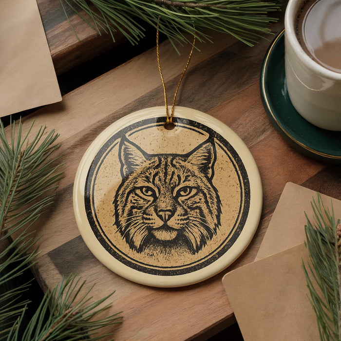 a round ornament with a black and white illustration of a bobcat's face, hanging on a wooden surface.