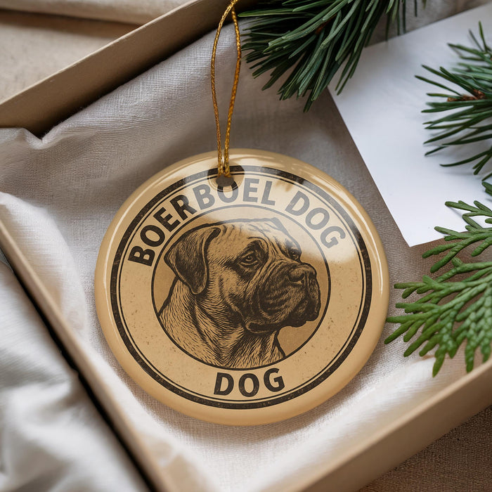 A circular ornament with a boerboel dog image and the text "Boerboel Dog" is displayed in a box, surrounded by pine branches.