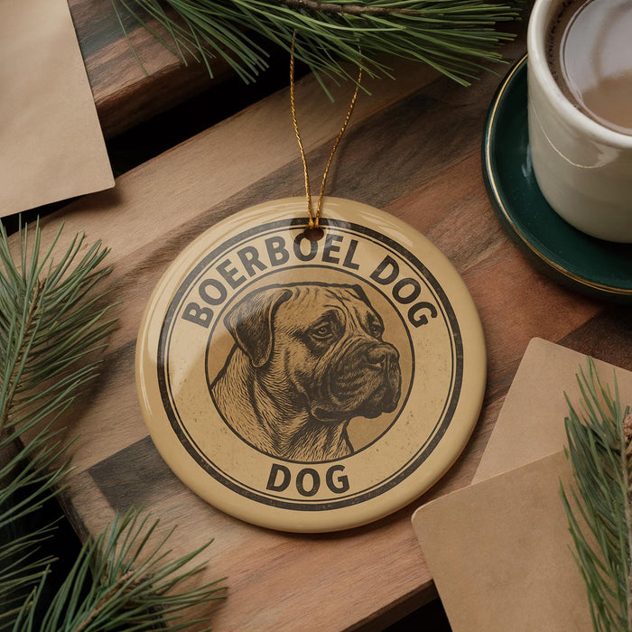 A circular ornament with the text "BOERBOEL DOG" and a dog's head image is displayed on a wooden surface, surrounded by pine branches and a cup of coffee.