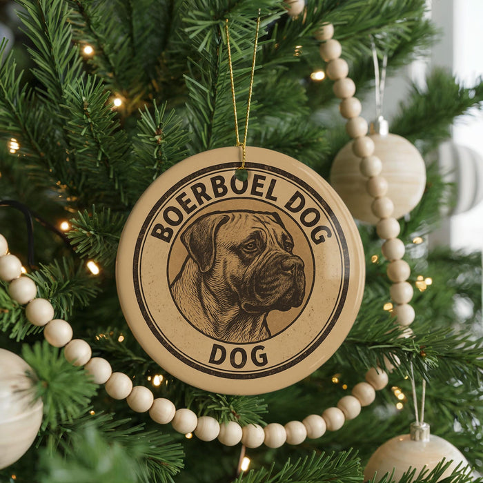 A Christmas tree decorated with ornaments, including a circular ornament with a boerboel dog image and the text "BOERBOEL DOG" on it.