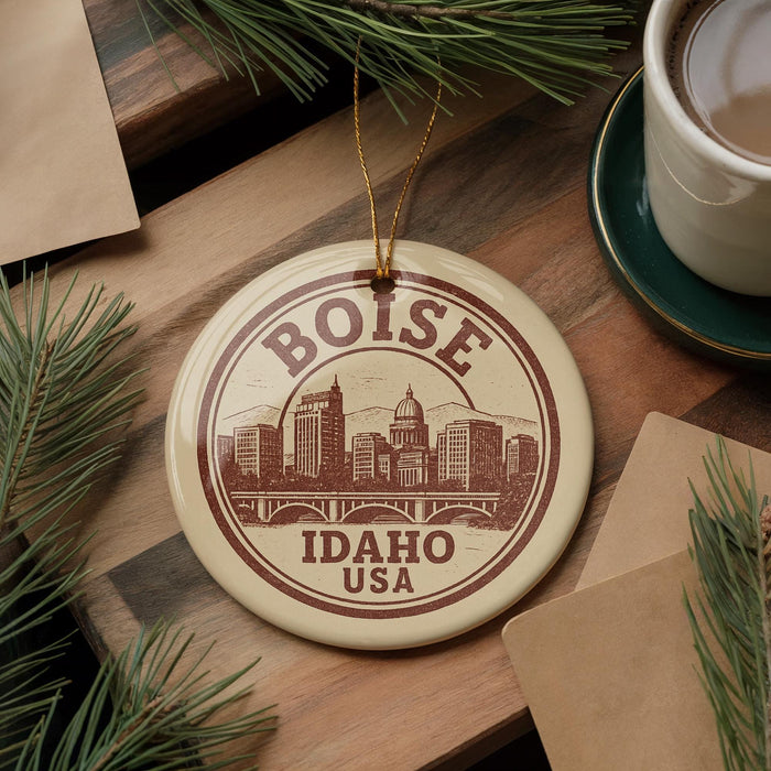 A circular ornament with the text "BOISE IDAHO USA" and an illustration of a city skyline is displayed on a wooden surface, surrounded by pine branches and a cup of coffee.