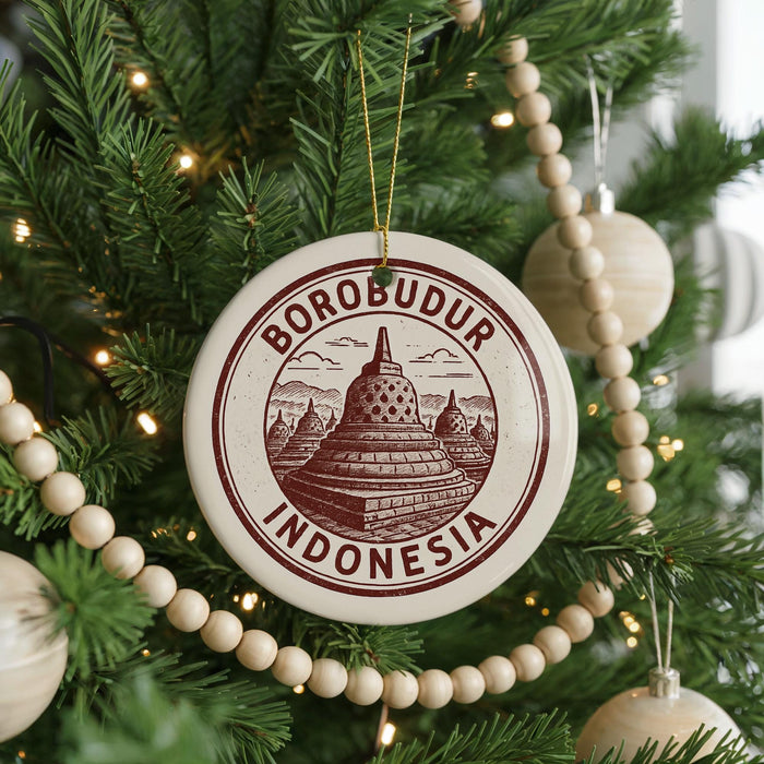 A round ornament on a Christmas tree, featuring an illustration of Borobudur temple in Indonesia.