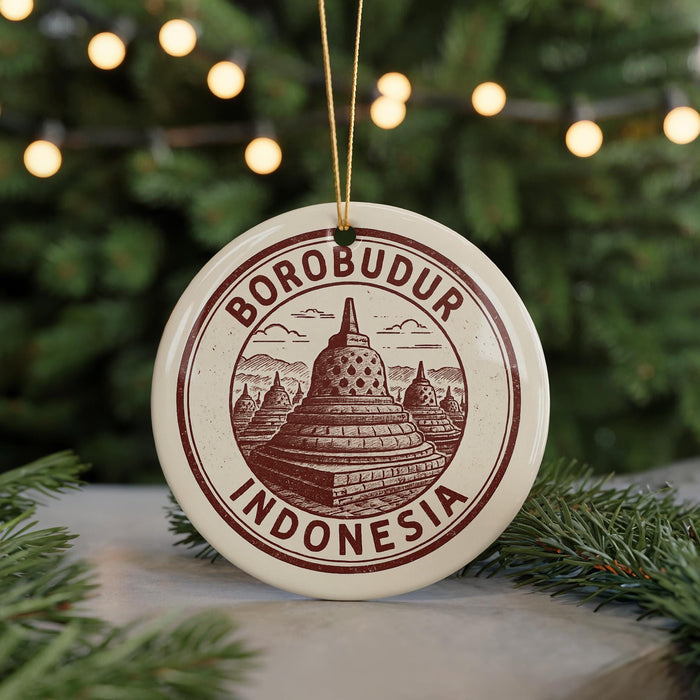 A circular ornament with the text "BOROBUDUR INDONESIA" and an illustration of Borobudur temple, which is a famous landmark in Indonesia.