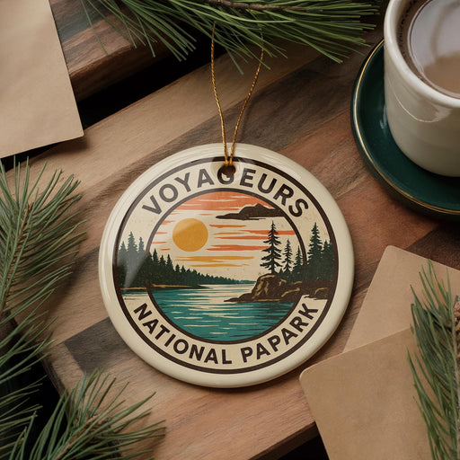 A decorative ornament with the text "VOYAGUEURS NATIONAL PAPARK" and a scenic landscape, featuring pine trees, a lake, and a sunset, is displayed on a wooden surface alongside a cup of coffee and some papers.
