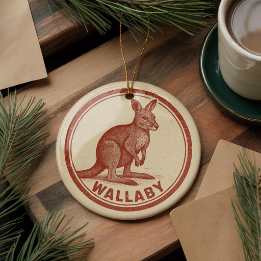 A circular ornament featuring a kangaroo, with the word "Wallaby" written on it, is displayed on a wooden surface alongside a cup of coffee and some pine branches.