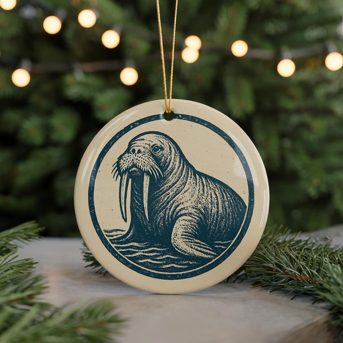 A circular ornament featuring a walrus with tusks, surrounded by a blue and white design, is displayed in front of a blurred Christmas tree with twinkling lights.