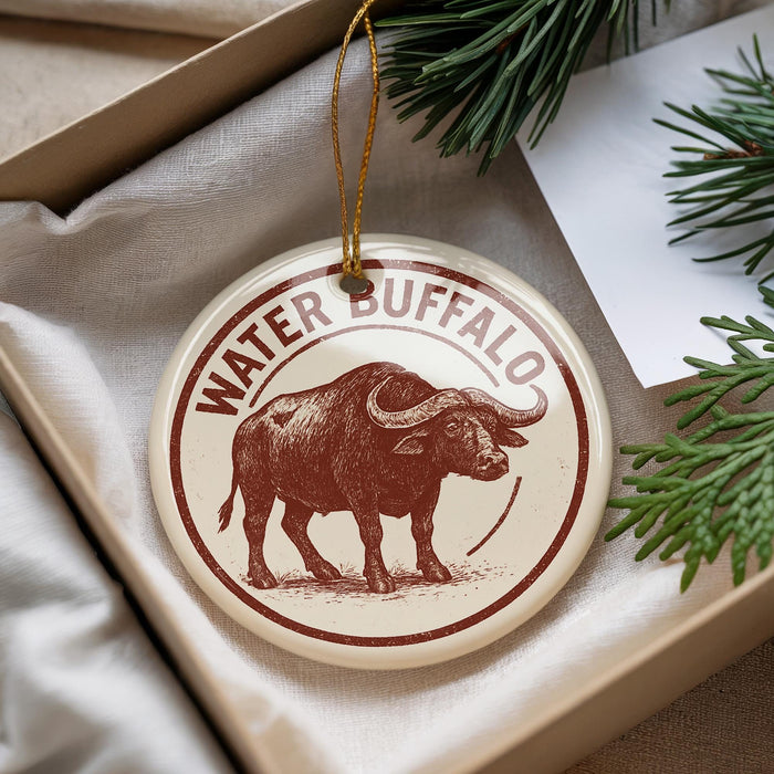 A decorative ornament featuring a water buffalo illustration, hanging from a string.