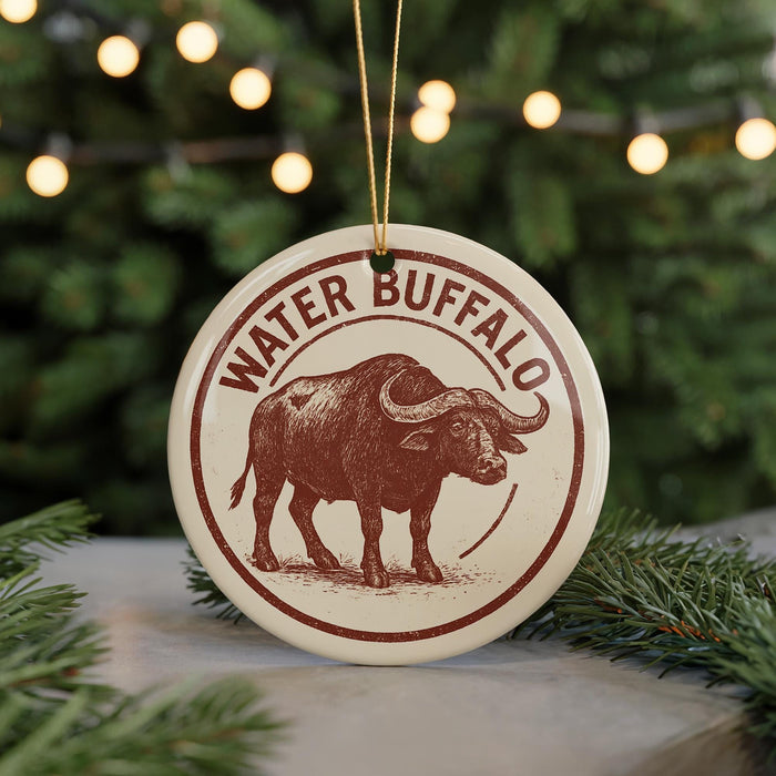 A circular ornament featuring a brown buffalo with large horns, surrounded by a red border and the text "WATER BISON" in a decorative font.