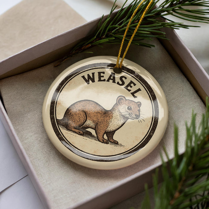 A round ornament with the word "Weasel" printed on it, sitting inside a box with pine branches.