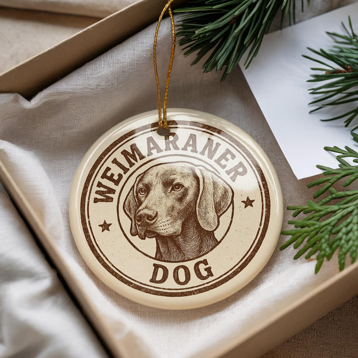 A round ornament with a dog's head and the text "WEIMARANER DOG" printed on it, hanging from a string.
