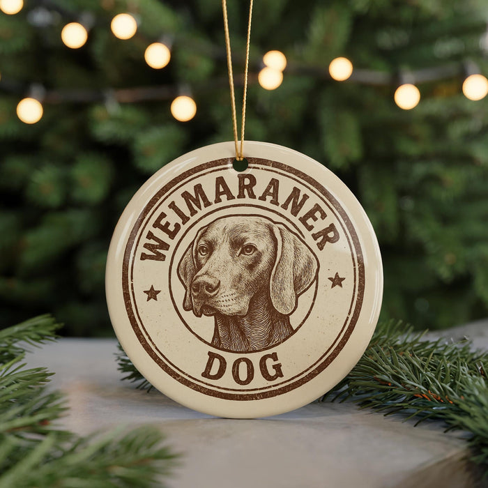 A circular ornament featuring a dog's head and the text "WEIMANER DOG" is displayed in front of a Christmas tree with twinkling lights.