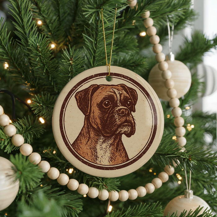 A Christmas tree decorated with ornaments, including a circular ornament featuring a brown dog's face.