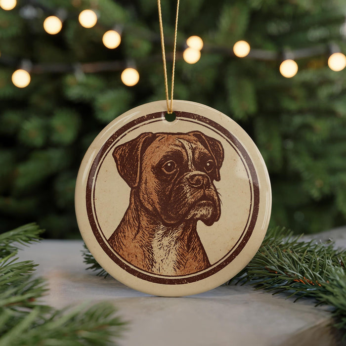 A circular ornament featuring a brown dog's portrait is displayed in front of a blurred Christmas tree with twinkling lights.