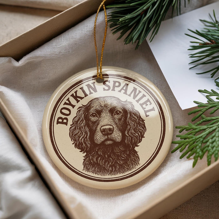 A round ornament featuring a brown and white illustration of a Boykin Spaniel dog, with the text "BOYKIN SPANIEL" printed on it.
