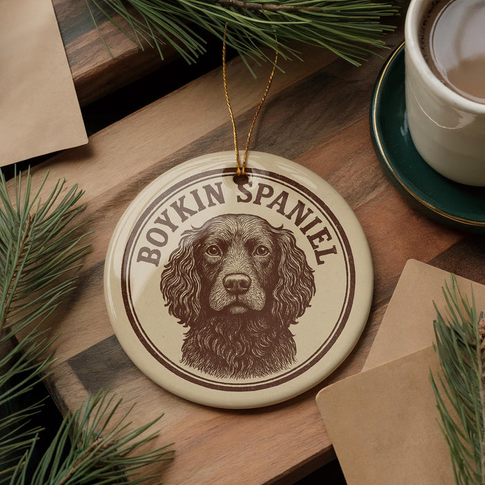 A circular ornament featuring a brown and white illustration of a Boykin Spaniel dog, with the text "BOYKIN SPANIEL" printed on it. The ornament is hanging from a string, and there is a cup of coffee and some pine branches in the background.