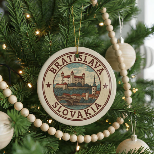 A circular ornament on a Christmas tree, featuring a castle and the text "Bratislava, Slovakia".
