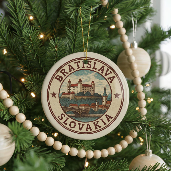 A circular ornament on a Christmas tree, featuring a castle and the text "Bratislava, Slovakia".