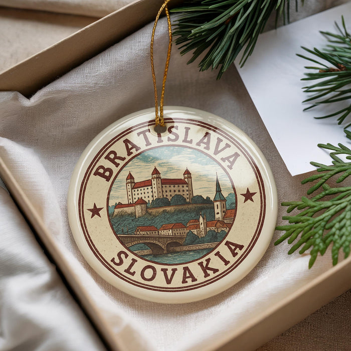 A circular ornament with a castle and bridge design, surrounded by text that says "BRATISLAVA SLOVAKIA".