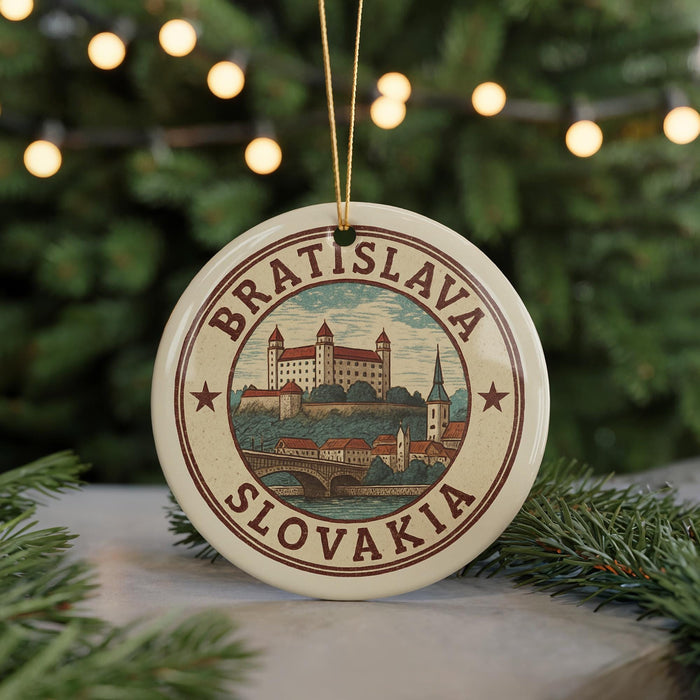 A circular ornament with the text "BRATISLAVA SLOVAKIA" and an illustration of a castle, surrounded by Christmas lights and greenery.