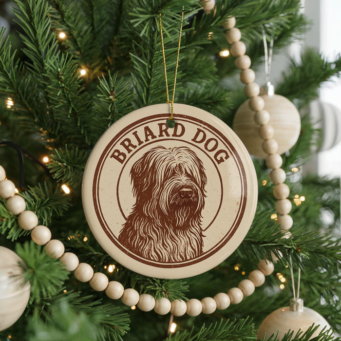 A Christmas tree decorated with ornaments, including a circular ornament with a brown and white image of a dog and the text "BRIARD DOG" on it.