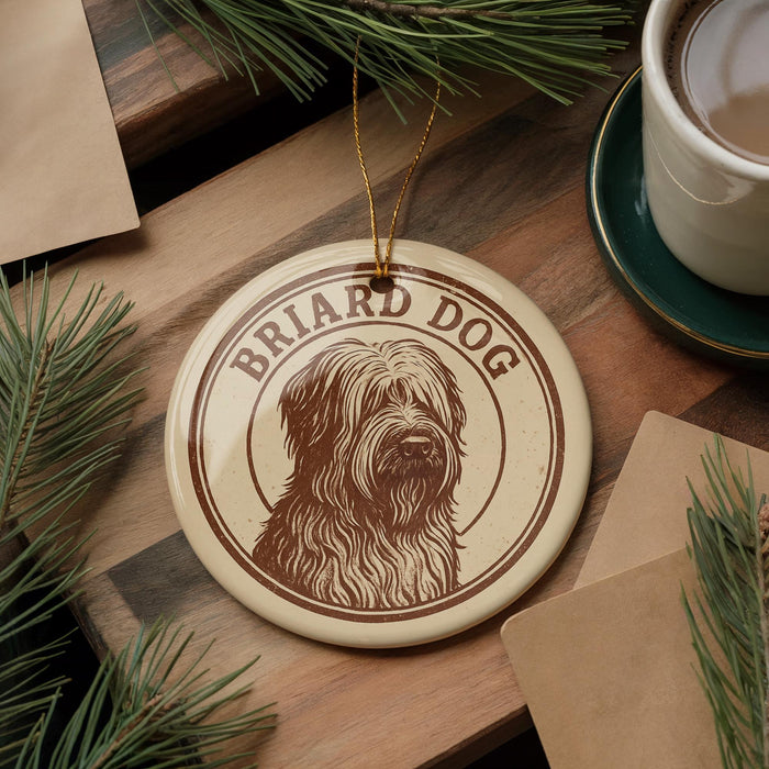 A circular ornament featuring a brown and white illustration of a long-haired dog, with the text "BIRARD DOG" printed on it, is displayed on a wooden surface alongside a cup of coffee and some pine branches.