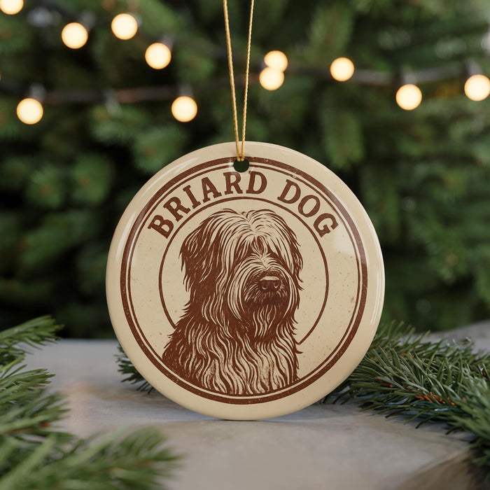 A circular ornament featuring a brown and white illustration of a dog's head, with the text "BRIDD DOG" written around the edge.