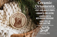 Ceramic ornaments, featuring a ceramic dog ornament with a brown and white design, hanging in a wicker basket with greenery.