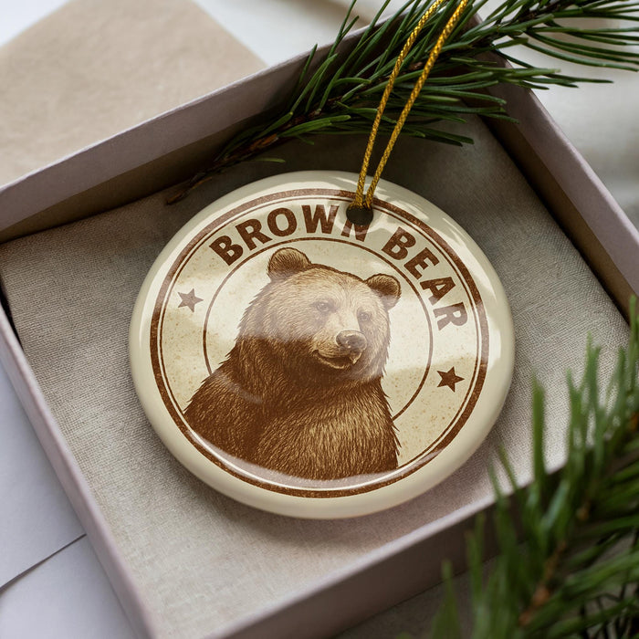 A circular ornament featuring a brown bear image, with the text "Brown Bear" prominently displayed.
