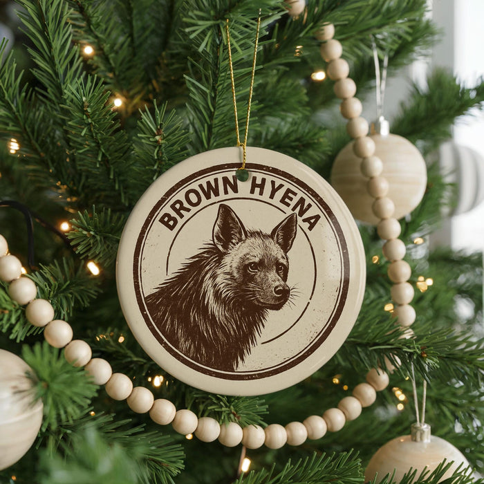 A Christmas tree decorated with ornaments, including a circular ornament with a brown image of a dog and the text "BROWN HYENA" on it.