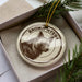 A circular ornament with a brown hyena image and the text "BROWN HYENA" on it, placed in a box with pine branches.
