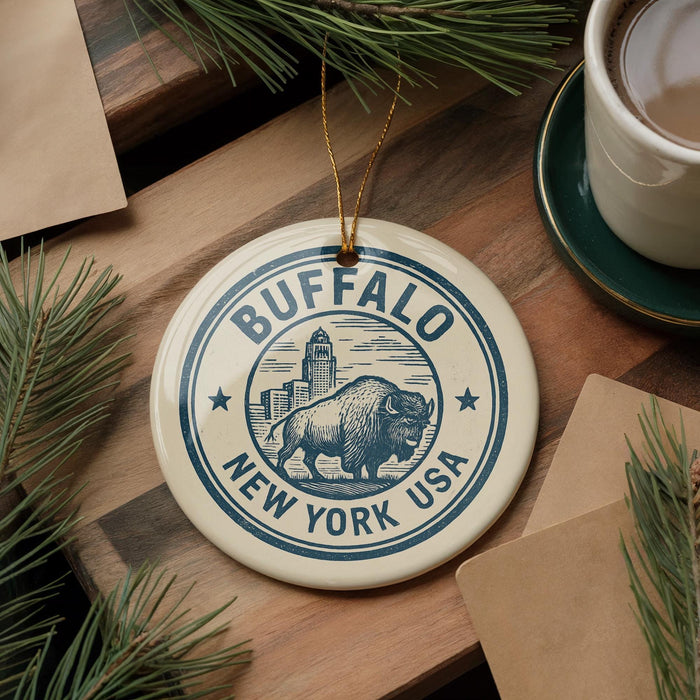 A decorative ornament with the text "BUFFALO NEW YORK USA" and an illustration of a buffalo is displayed on a wooden surface, surrounded by pine branches and a cup of coffee.