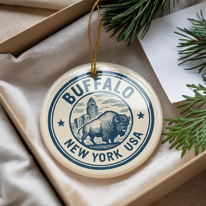 A decorative ornament with the text "BUFFALO NEW YORK USA" and an illustration of a buffalo is displayed in a box.