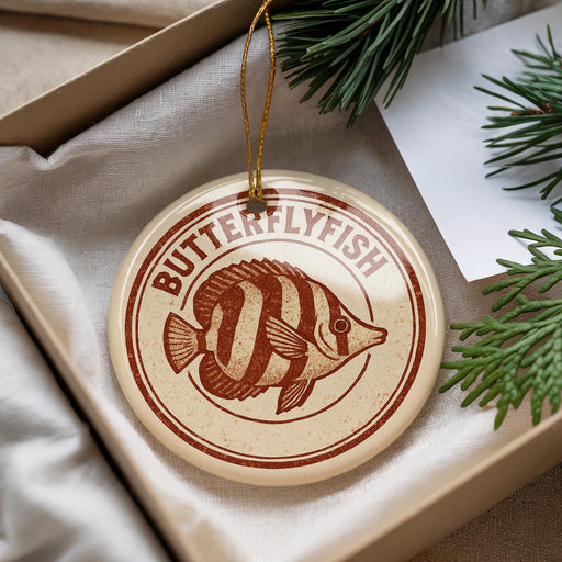A round ornament with a butterflyfish design is displayed in a box, surrounded by pine branches.