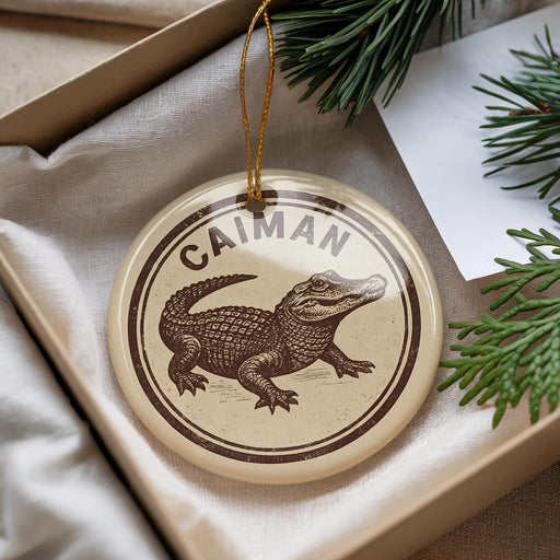 A circular ornament with a brown and white illustration of a crocodile, and the word "CAIMAN" written on it, is displayed in a box with pine branches.